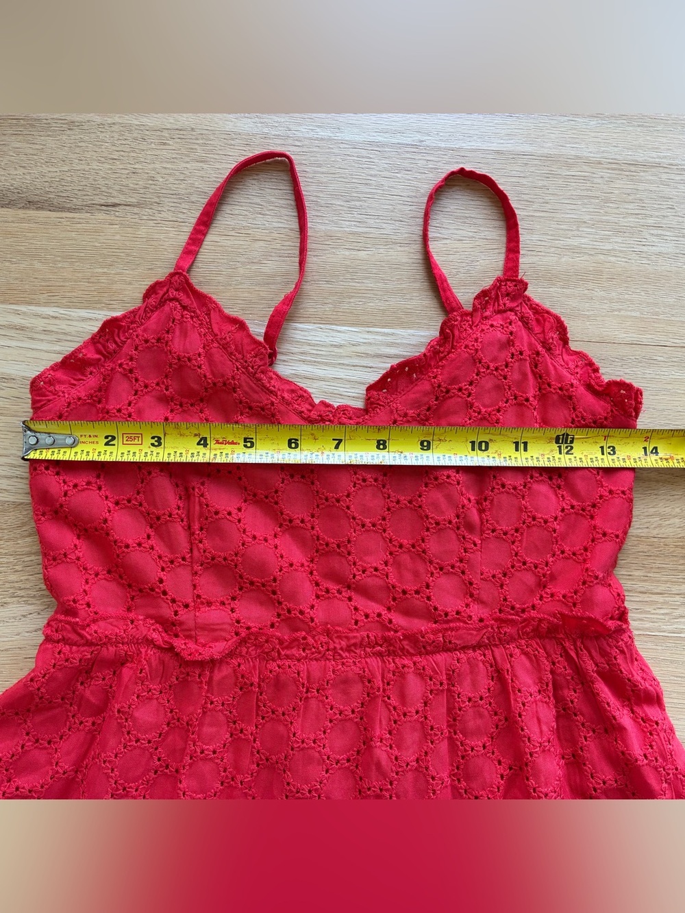 Sim & Sam S Red Eyelet Tiered Spaghetti Strap Sundress Smocked Back Pockets - Picture 6 of 12